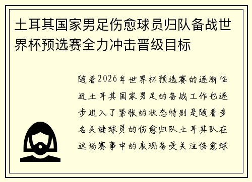 土耳其国家男足伤愈球员归队备战世界杯预选赛全力冲击晋级目标
