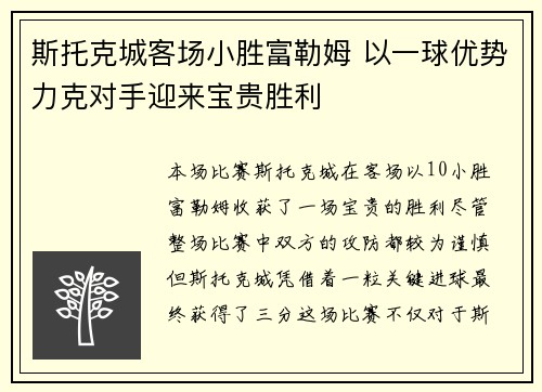 斯托克城客场小胜富勒姆 以一球优势力克对手迎来宝贵胜利
