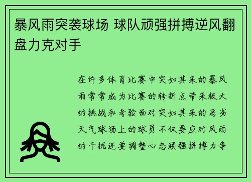 暴风雨突袭球场 球队顽强拼搏逆风翻盘力克对手
