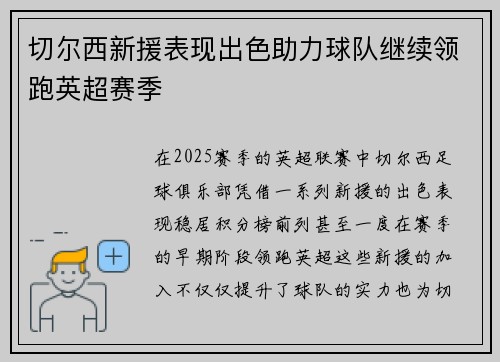 切尔西新援表现出色助力球队继续领跑英超赛季