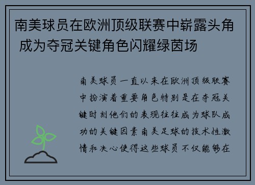 南美球员在欧洲顶级联赛中崭露头角 成为夺冠关键角色闪耀绿茵场