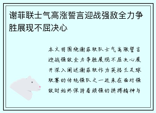 谢菲联士气高涨誓言迎战强敌全力争胜展现不屈决心